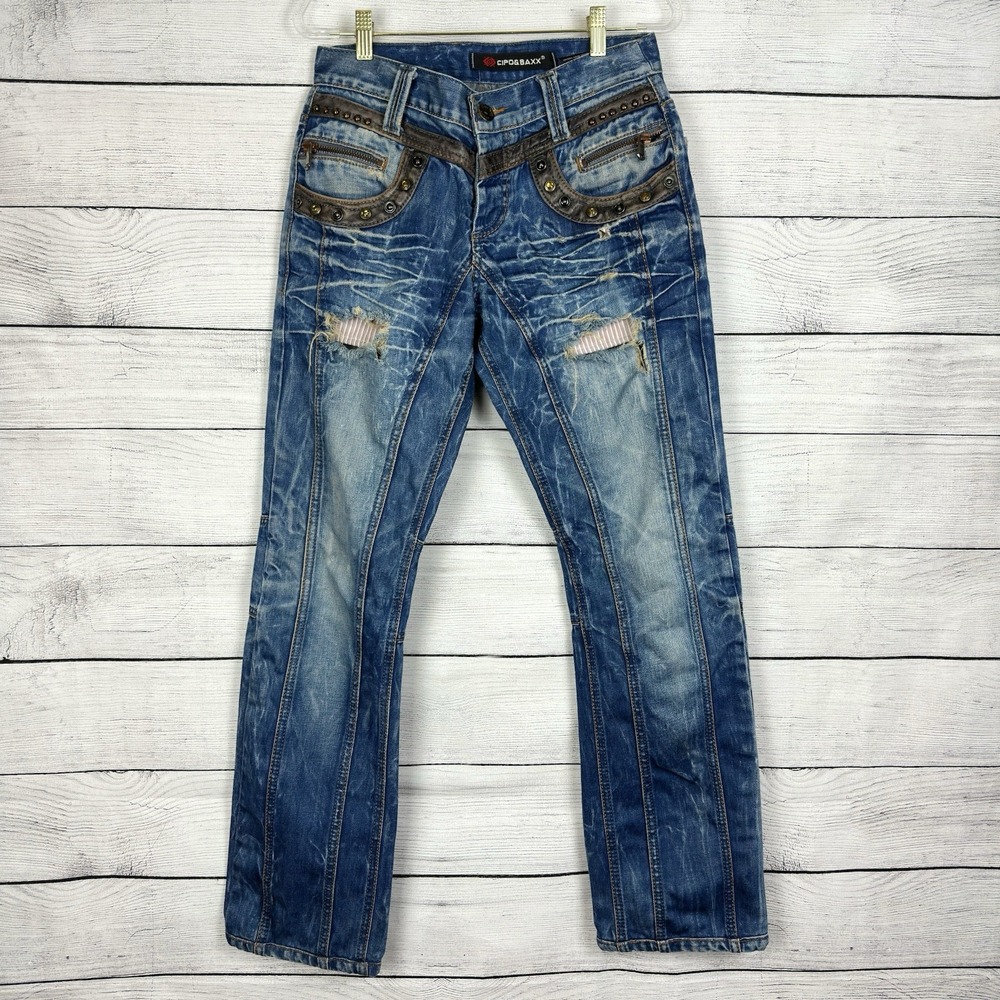 Cipo & Baxx VTG Archival Jeans Mens Size 30/34‎ Blue Distressed Studded Biker